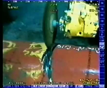 Un crabe aspiré à travers une découpe dans un tuyau