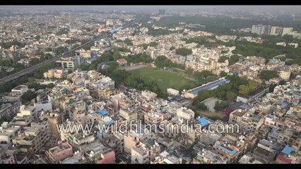 Karol Bagh and Rajinder Nagar aerial view of Delhi with Metro line