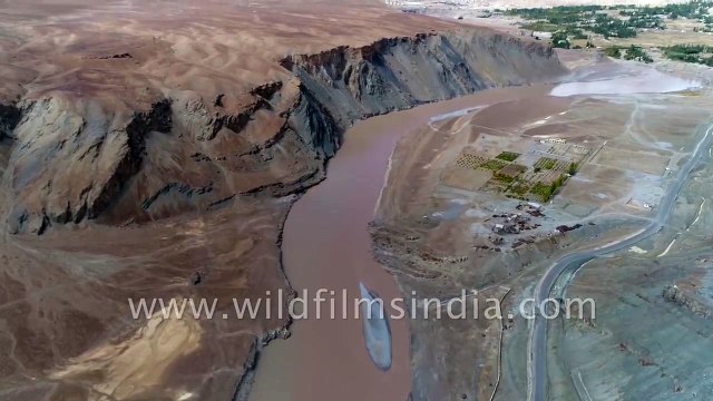 Nimmu and the Ladakh range below Indus confluence with Zanskar- epic aerial view
