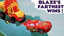 Hot Wheels Blaze Farthest Wins Competition with Disney Pixar Cars 3 Lightning McQueen and Marvel Avengers 4 Superheroes  - A fun toy story race for kids
