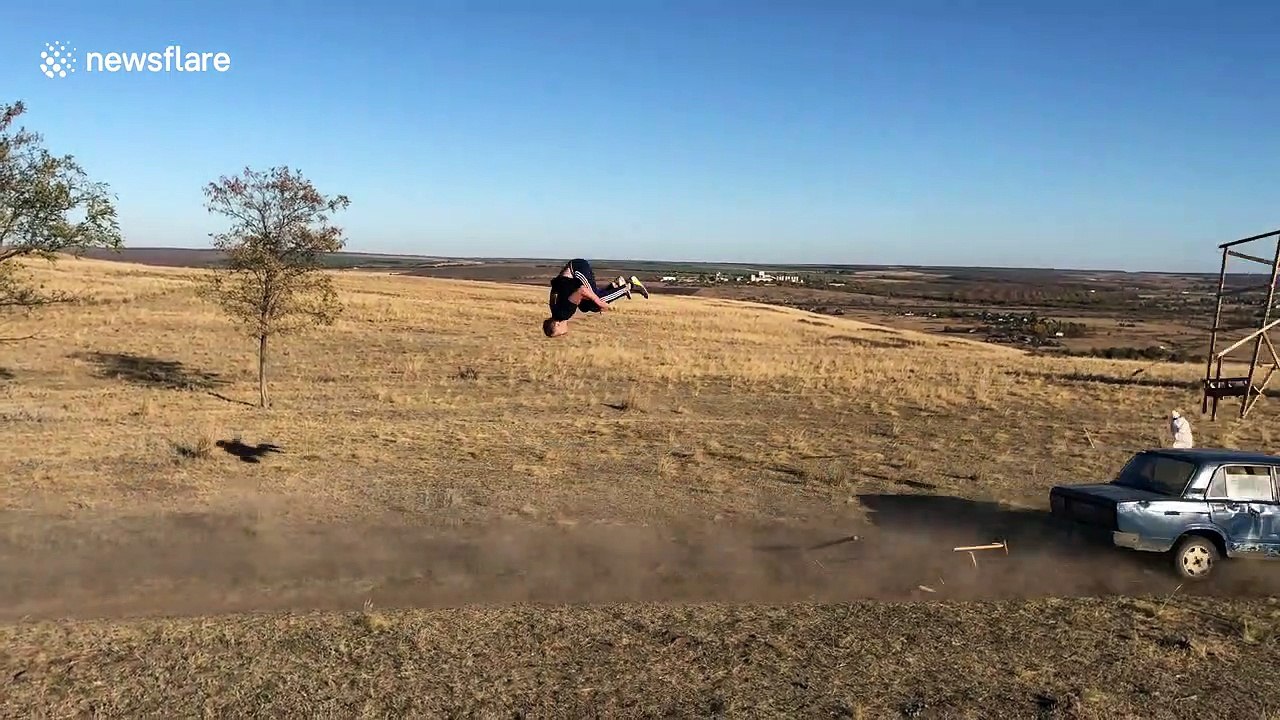 Russian daredevil attempts insane car jump stunt across the seasons