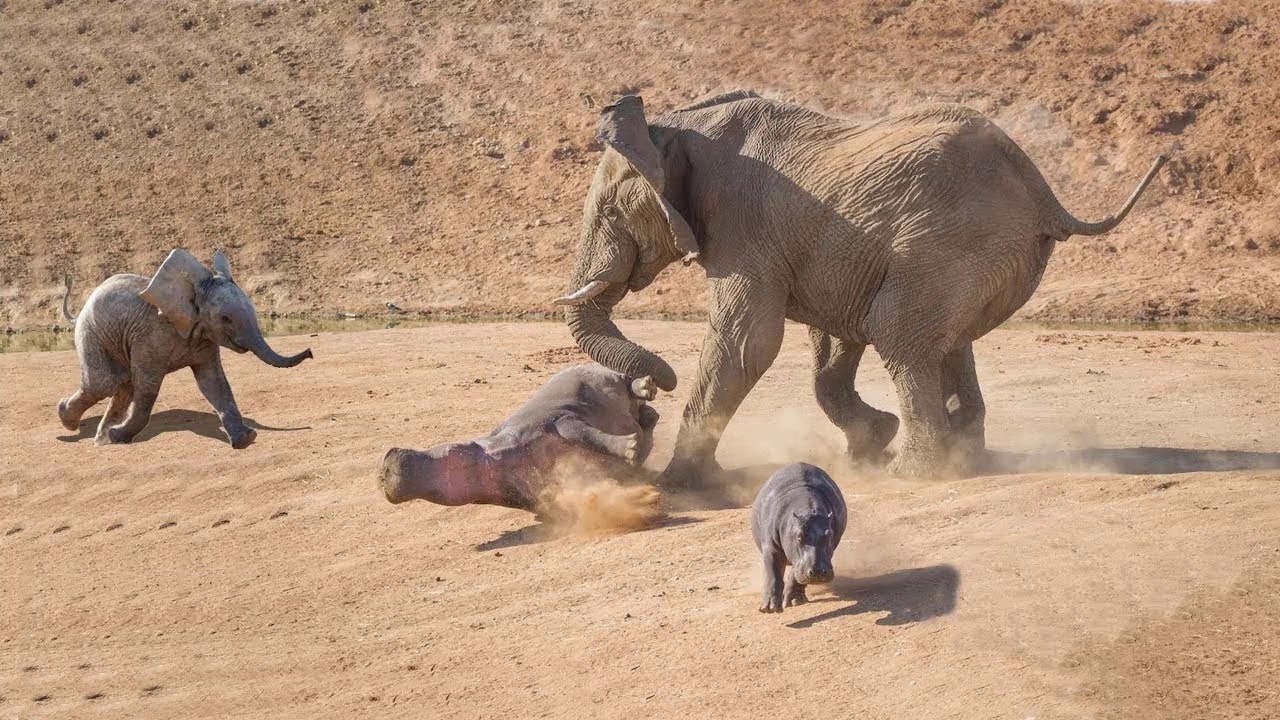 Mother Elephant Defends Her Baby From Two Hippo - Animals Hero