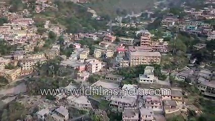 Township at the bank of Alaknanda river in Rudraprayag - Aerial view