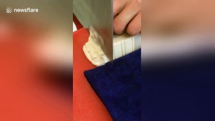 Cook slices tofu down to minute threads with expert knifework