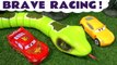 Hot Wheels Brave Racing with Disney Pixar Cars 3 McQueen and Marvel Avengers 4 and DC Superheroes Race avoinding Giant Snake Monsters - A fun toy story race for kids and preschool