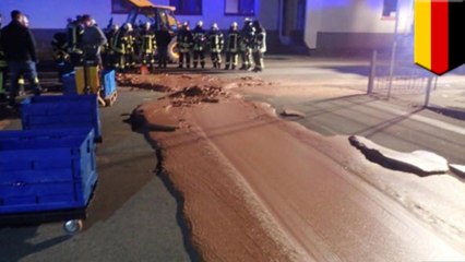 German street covered in chocolate after factory leak
