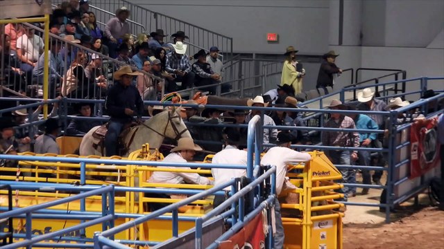 Junior NFR Final steer wrestling on December 13, 2018 at the Las Vegas convention center.