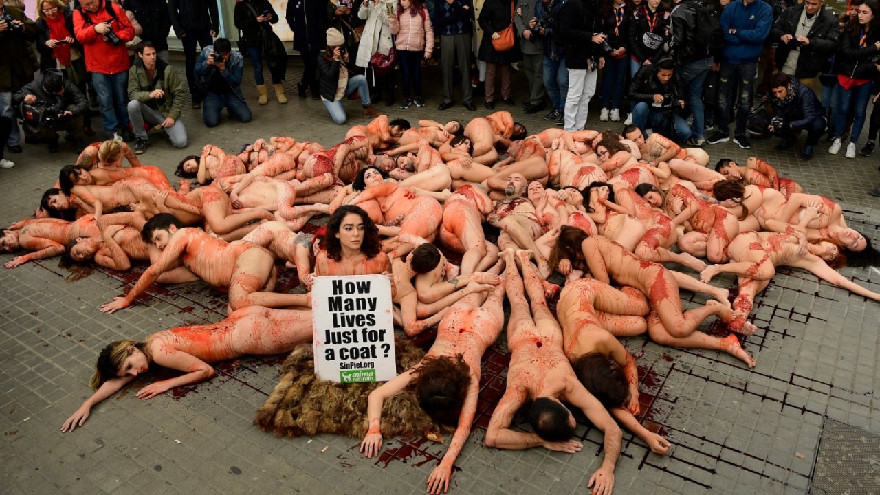 Naked Activists Covered In Blood Lie On The Floor To Protest Against Fur