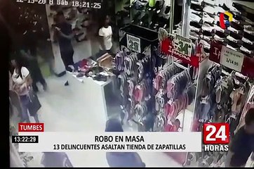 Trece delincuentes asaltan tienda de calzado en el centro de Tumbes