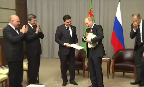 Quand Vladimir Poutine montre à ce président comment on tient un petit chiot !