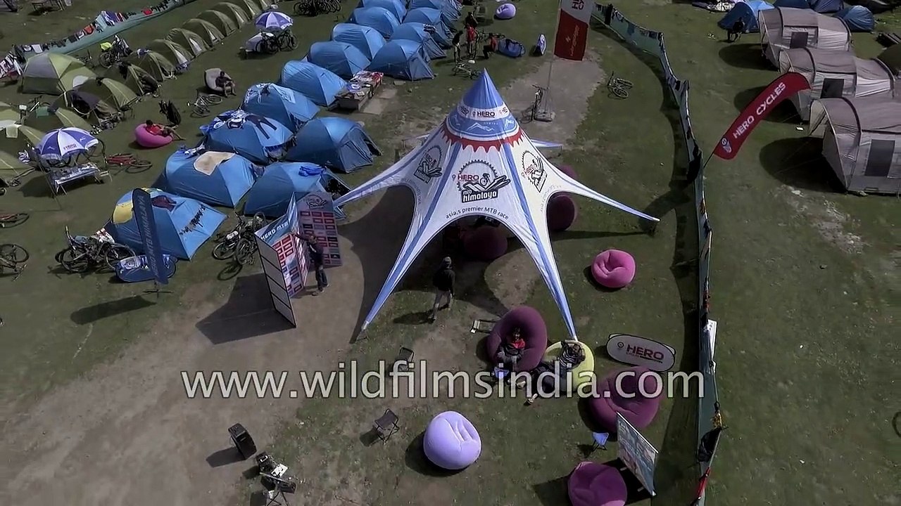 Flying over camping site and deodar forests in Himalaya