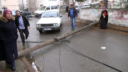 Çürüyen telefon direği sokağa devrildi