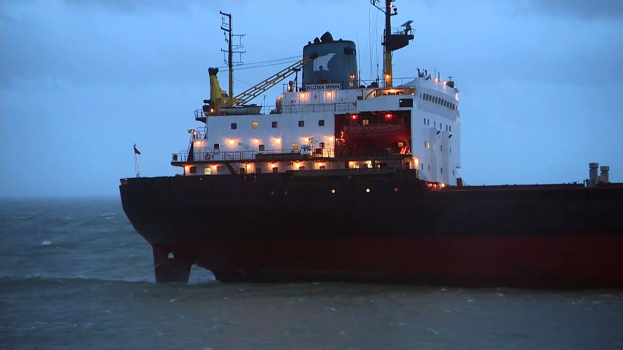 Russian cargo ship runs aground in Cornwall in stormy seas