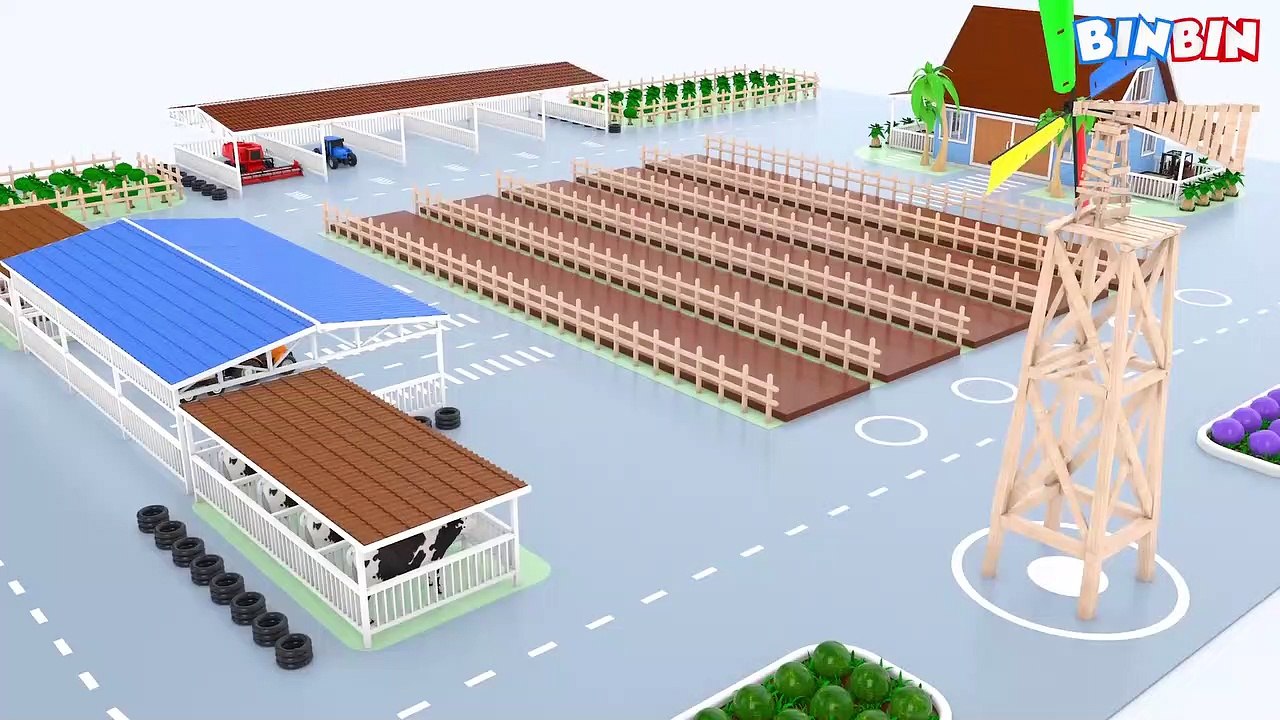 Tractor Truck & Rice Harvester - Colors for Children to Learn with Farm Vehicles-Fruits & Vegetables