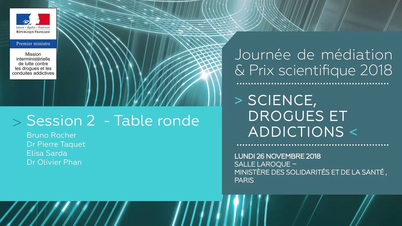 7Journée de médiation et Prix scientifique MILDECA « Science, Drogues et Addictions », 26 novembre 2018. Session 2 « Usages à risque des écrans ». Table ronde avec Bruno Rocher, Dr Pierre Taquet, Dr Olivier Phan, Elisa Sarda