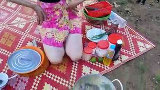 Beautiful girls cooking soup chicken then she eating soup food khmer - Survival Technique