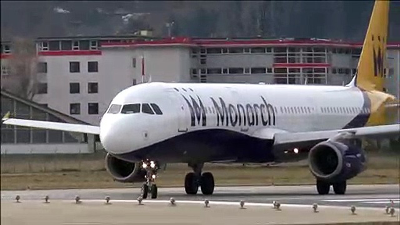 Close up! A321 Monarch TOGA Take off out of the valley at LOWI-Innsbruck Airport (1080/50P) 27.02.16