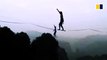Chinese slackline walkers compete in terrifying high-altitude race