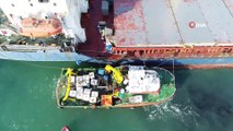 Şile’de karaya oturan gemiyi kurtarma çalışmaları havadan görüntülendi