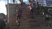 Cyclists Carry Bikes up Stairs During Marathon Race