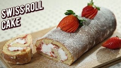 Strawberry Swiss Roll Cake - Eggless Swiss Roll Cake Recipe - Christmas Special Cake Recipe - Ruchi