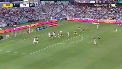 Perth Glory Player Tomislav Mrcela breaks the goal post in A-League