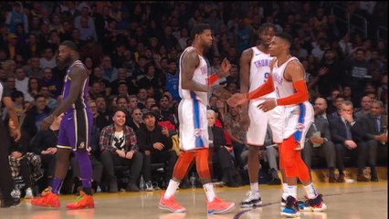 Westbrook celebrates George's dribbling skills with air guitar