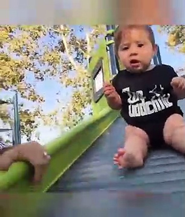 Funny video of child is sliding on stairs in funny style