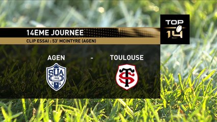 TOP 14 - Essai Jake MCINTYRE (SUA) - Agen - Toulouse - J14 - Saison 2018/2019