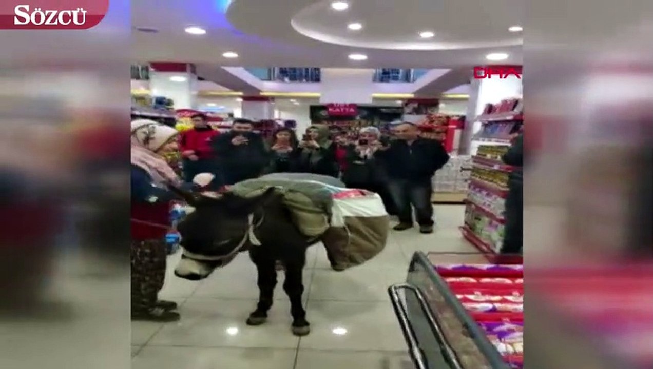 Paralı poşeti protesto için alışverişe eşekle geldi