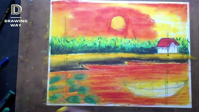 Sunset Scenery with Oil Pastel for beginners - step by step drawing ( 346 )