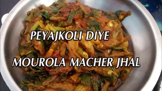 peyajkoli diye mourola macher jhal, homemade bengali recipes || indian carplet with spring onion
