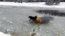 [영상] 美 소방당국, 얼음 녹은 연못에 빠진 개 극적 구조 / YTN
