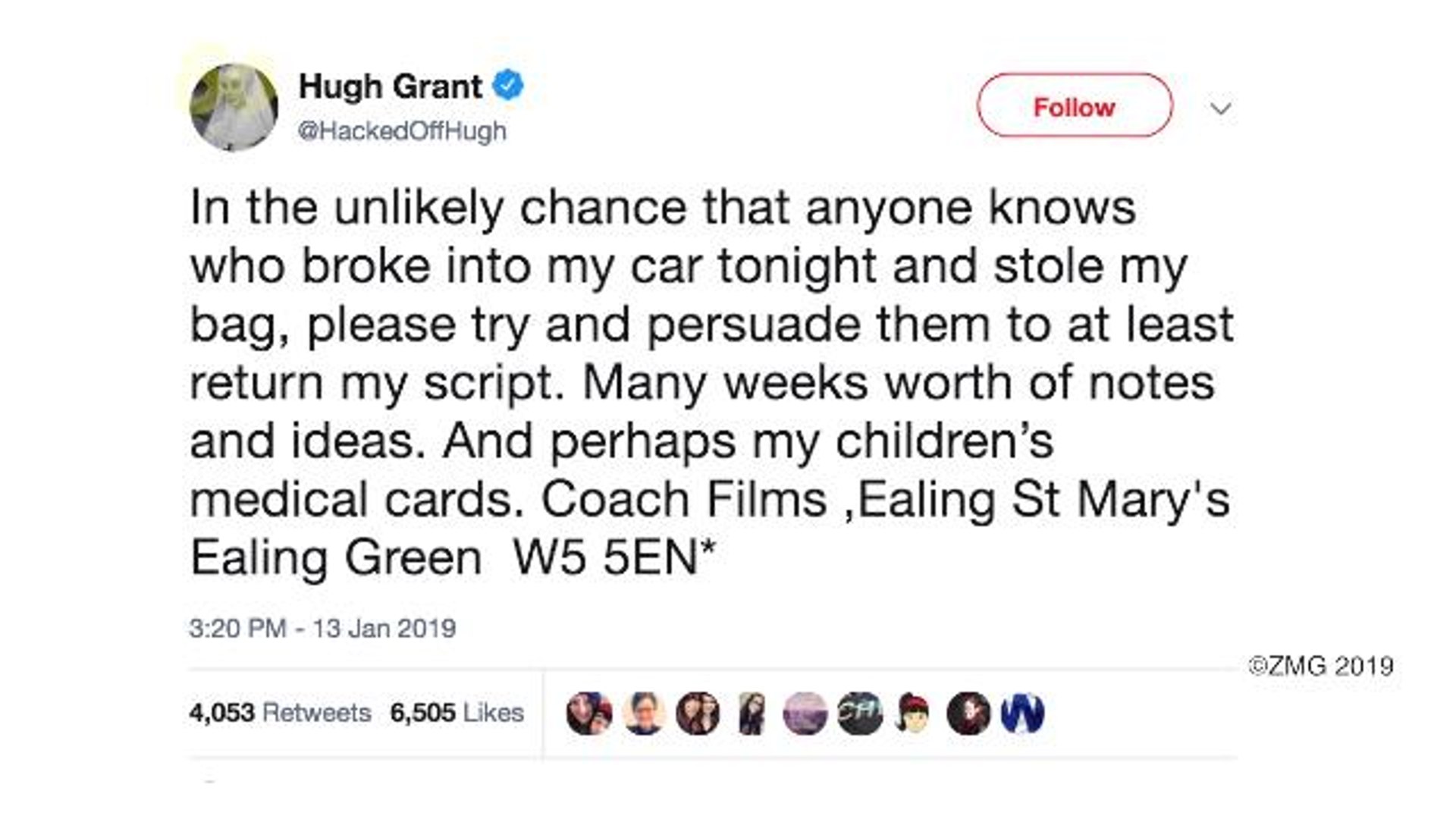 Actor Hugh Grant Tweets Desperate Plea After Thieves Break Into His Car