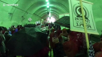 Los Angeles teachers' strike marches through downtown tunnel