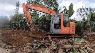Excavator Works On Banana Plantation Canal / Constructing A Stadium