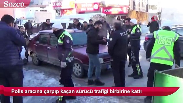Polis aracına çarpıp kaçan sürücü trafiği birbirine kattı