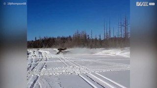 Snowmobile driver makes risky front flip while driving