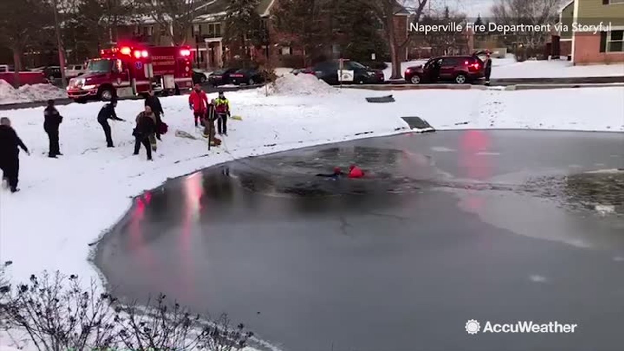 Dramatic rescue of young boy from icy pond