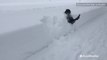 Dog leaps in and out of thick snow in the name of fetch