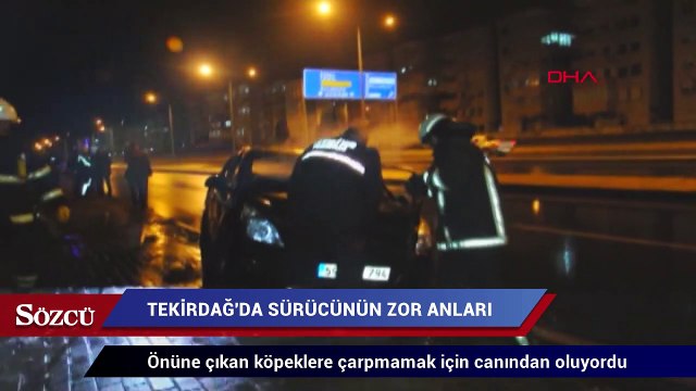 Köpeğe çarpmamak için kaldırıma çıkan otomobil alev alev yandı