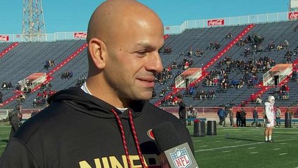 Robert Saleh discusses the 49ers' draft needs at Senior Bowl practice