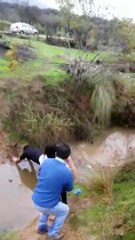 Amazing style of people for crossing stream in jungle