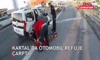 Kartal'da otomobil refüje çarptı; trafik yoğunluğu oluştu