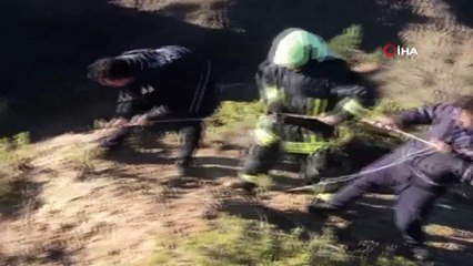Uçurumda mahsur kalan keçiyi itfaiye kurtardı