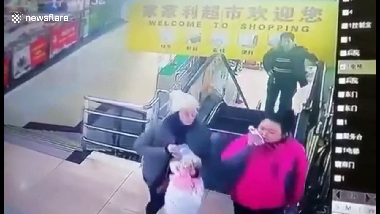 Escalator floor collapses just as man gets off the steps