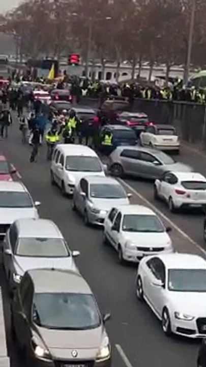 Un automobiliste force le cortège des gilets jaunes à Lyon.