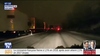 Ces nombreux camions ont été immobilisés toute la nuit sur l'A1 en raison de la neige