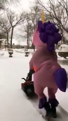 Déguisé en licorne, il enlève la neige du jardin !
