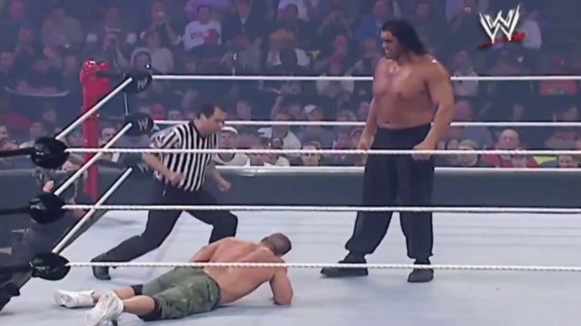 When confronted by the giant Indian Cali all the giant wrestlers !!!! John Cena Cm Bank Triple H and more